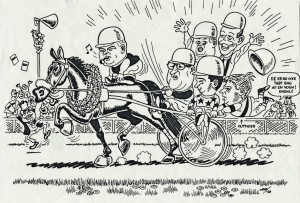 Karikaturtegning fra løbet på Væddeløbsbanen. Overskuddet var på hele 50.000 kr., som gik til SIFA - Skøjtehallen.